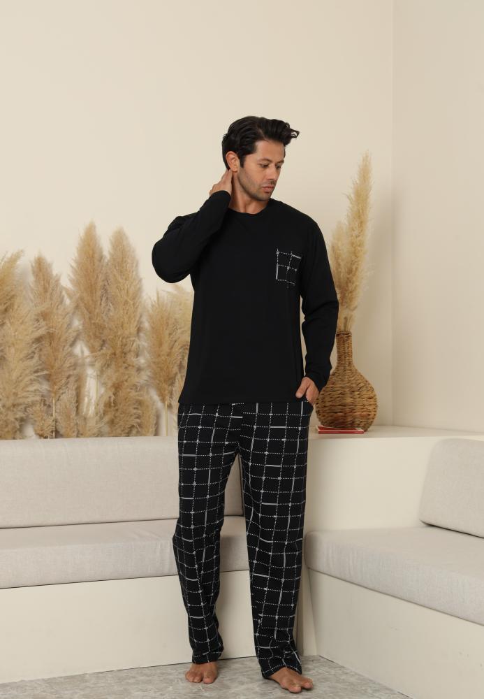 Pijama Barbati ,Maneca si Pantaloni Lungi,Culoare Negru cu Alb,Engros